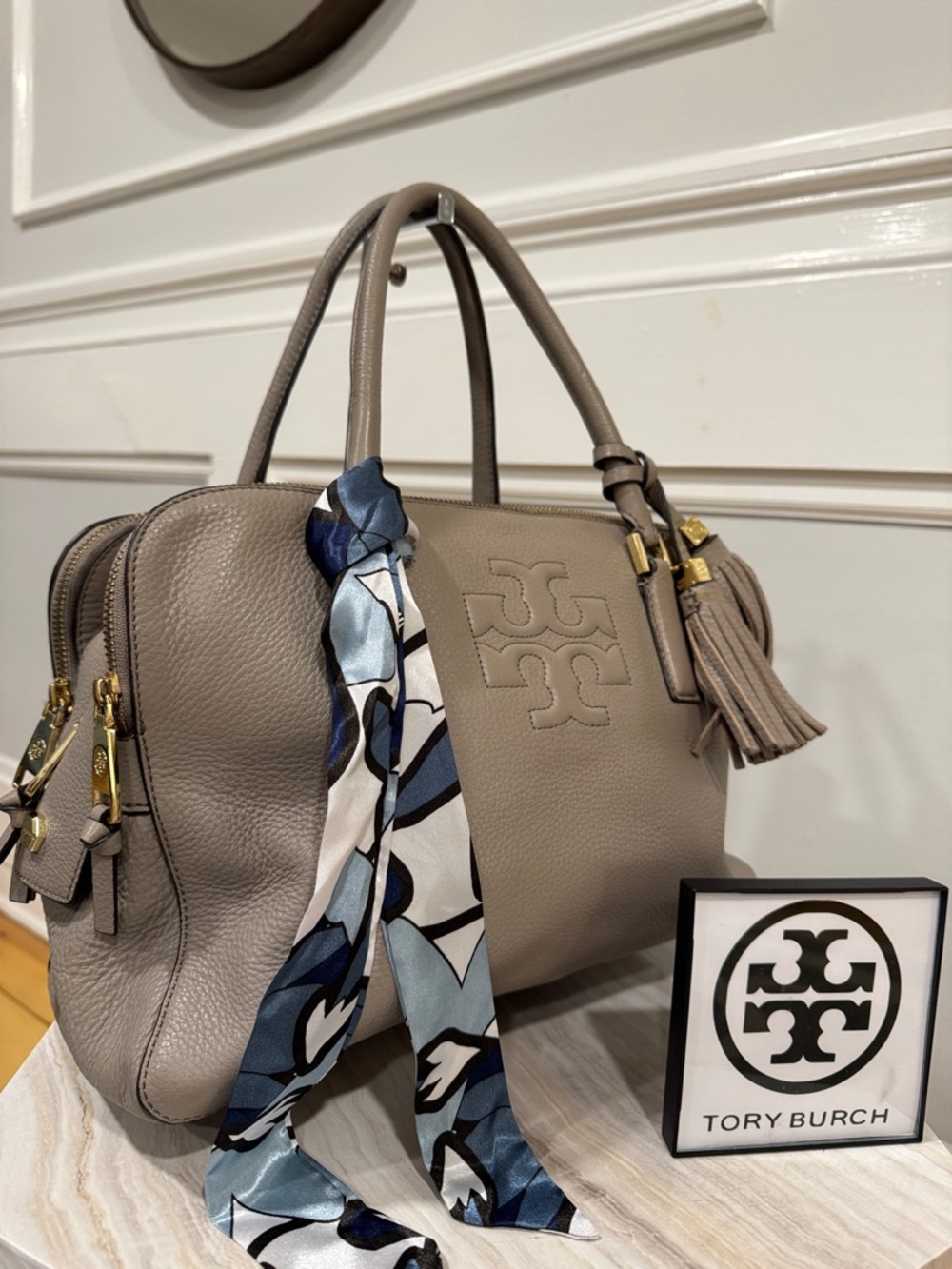 Tory Burch Bag Thea Taupe Leather Satchel with Tassels